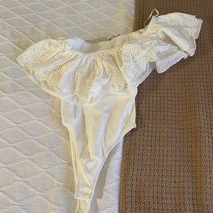 Zara White one shoulder body suit with ruffle detail, size S, never been worn